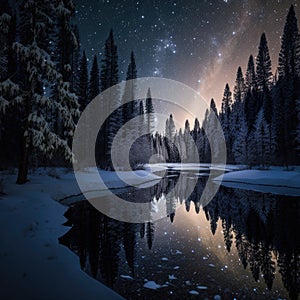 Frosty reflections in the night: winter landscape in the mountains with coniferous forest