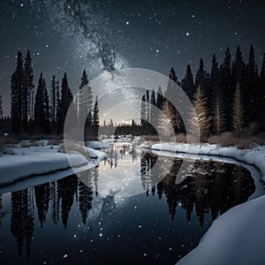 Frosty reflections in the night: winter landscape in the mountains with coniferous forest