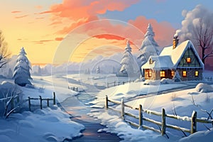 Frosty Rural winter landscape village house. Generate Ai