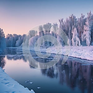 Frosty Serenity: Sunset Panorama of the Snowy Russian River and Forestscape photo