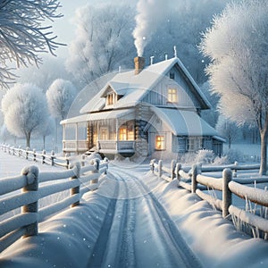 Frosty Small White Country Cottage Farmhouse Old Home House Chilliwack Canada AI Generated