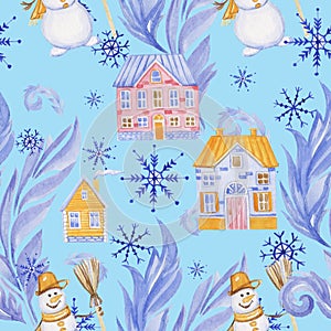 Frosty snowflake patterns christmas winter houses