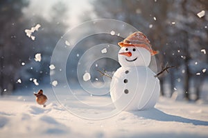 Frosty Snowman winter sunny. Generate Ai