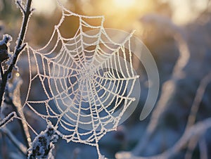 Frosty Spider Web in a Sunlit Meadow