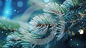 A frosty spruce branch in a winter forest, blanketing the scenery