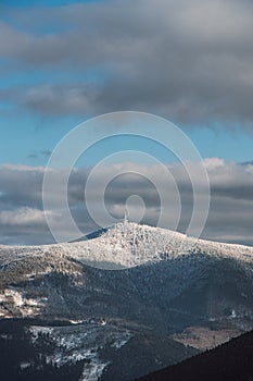 Frosty start of the day at the radio transmitter on Lysa Hora, the highest mountain in the Beskydy Mountains. Ice crust on the