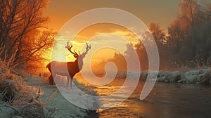 Frosty Sunrise with Majestic Stag