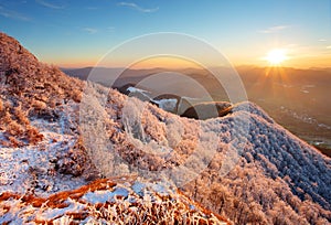 A frosty sunset in hoarfrost landscape