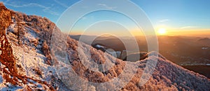 A frosty sunset in hoarfrost landscape