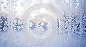 Frosty Window Pane with Snowflake Pattern and Winter Scene Background