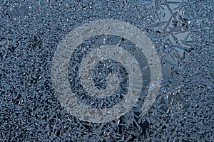 Frosty winter background photo of ice buildup on a window.