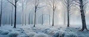 Frosty Winter Forest in Morning Mist