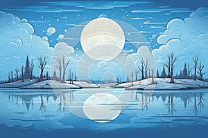 frosty winter full moon night sky over a frozen lake