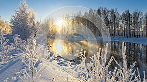 Frosty winter morning landscape with mist and forest river, Russia, Ural