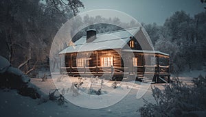 Frosty winter night snowing on abandoned hut generated by AI