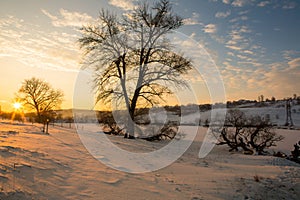 Frosty winter in Russia. Beautiful sunrise in Siberia.