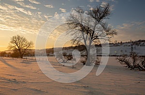 Frosty winter in Russia. Beautiful sunrise in Siberia.