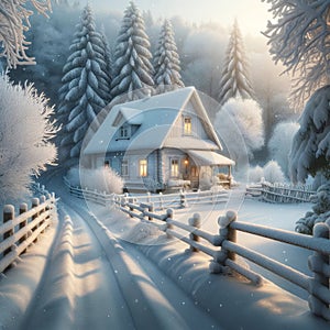 Frosty Winter Small White Country Cottage Farmhouse Old Home House Canada AI Generated