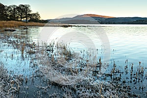 Frosty winter sunrise at Bassenthwaite Lake in the Lake District National Park, Cumbria, England