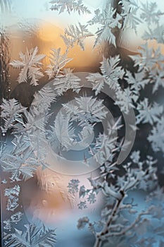 Frosty Winter Sunrise Through Ice Crystal Window Pattern