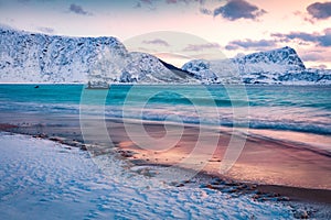 Frosty winter sunset in Lofoten Islands, Norway, Europe.