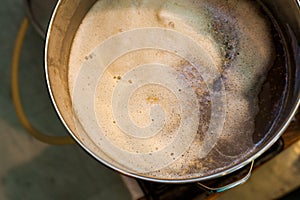 Froth of Home-Brew Mash in a Stock Pot