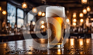 Frothy beer being poured into a chilled glass