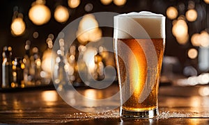 Frothy beer being poured into a chilled glass