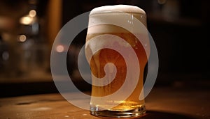 Frothy beer in gold glass on pub table, perfect refreshment generated by AI