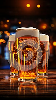 Frothy beer mug gleams on brick, neon-lit, epitomizing hearty pub ambiance.