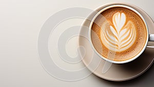 A frothy cappuccino, a heart shaped froth art, a coffee cup generated by AI