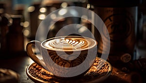 A frothy cappuccino on a rustic table, a coffee break generated by AI