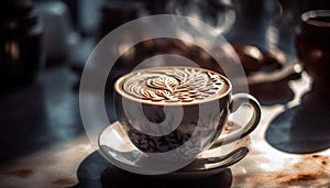 Frothy cappuccino on wooden table, a perfect coffee break generated by AI