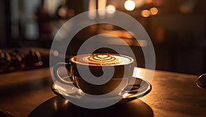 Frothy cappuccino on wooden table, perfect for coffee break relaxation generated by AI