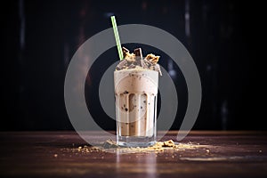 frothy chocolate milkshake with cookie crumbles on top