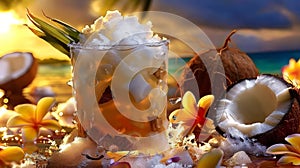 Frothy Coconut Cocktail With Palm Garnish, Coconuts And Plumeria Flowers On A Sandy Beach at Sunset