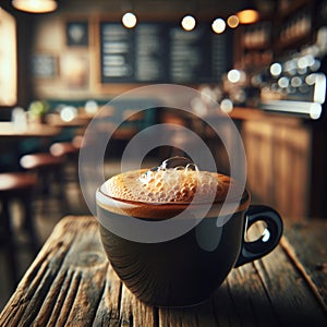 Frothy doppio on a rustic wooden table with blurred coffee shop environment.. AI generated. photo