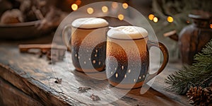 Frothy hot drinks in ceramic mugs on rustic table photo
