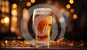 A frothy pint of beer glows on a dark pub table generative AI