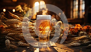 A frothy pint of beer on a wooden table at a pub generative AI