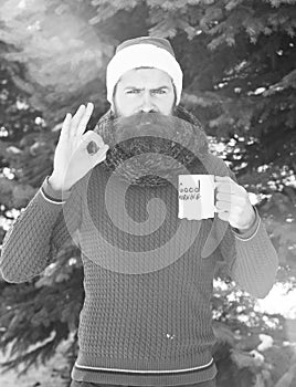 Frown man in santa hat bearded hipster with beard