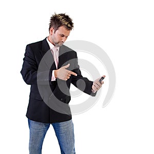Frowned businessman with cell phone