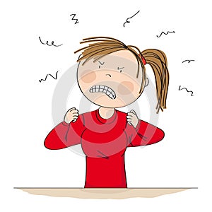 Frowning angry and furious woman full of rage with her hands in fist - original hand drawn illustration photo