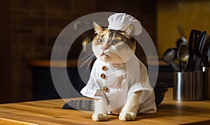 Frowning cat with white paws and whiskers wearing cook s coat and cap sits on the wooden table. Cutlery at backdrop. Generative