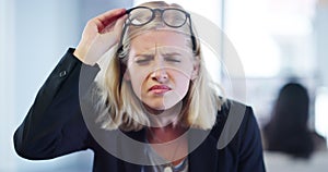 Frowning, confused and poor eyesight with business woman struggling with her eyes or bad vision while wearing glasses in