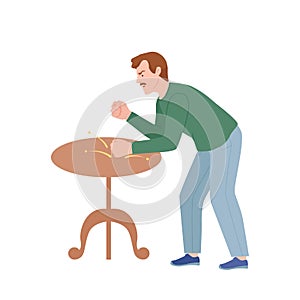 Frowning Man Quarrelling and Arguing with Someone Shouting and Banging the Table with Fist Vector Illustration