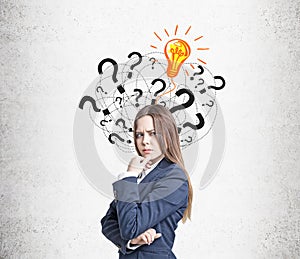 Frowning woman, questions and light bulb