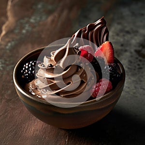 froyo with chocolate and berries in a bowl