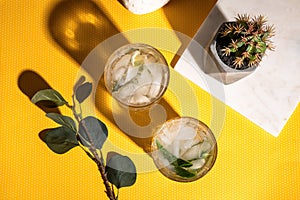 Frozen alcoholic cocktail, refreshment drink with gin and lime served at bar. Mojito details on yellow background