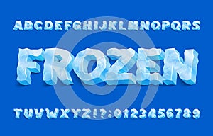 Frozen alphabet font. 3D ice letters and numbers with shadow.